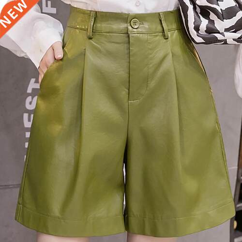 Pu Leather Women Shorts Button Quality Wide Leg Faux Leather