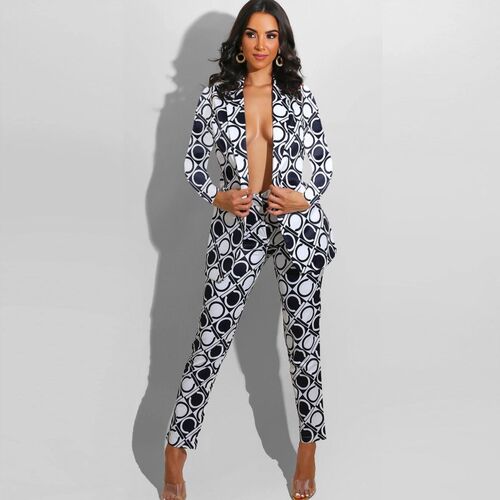 Fashion Print Blazer Set Full Sleeve Jacket Tops And Pants T