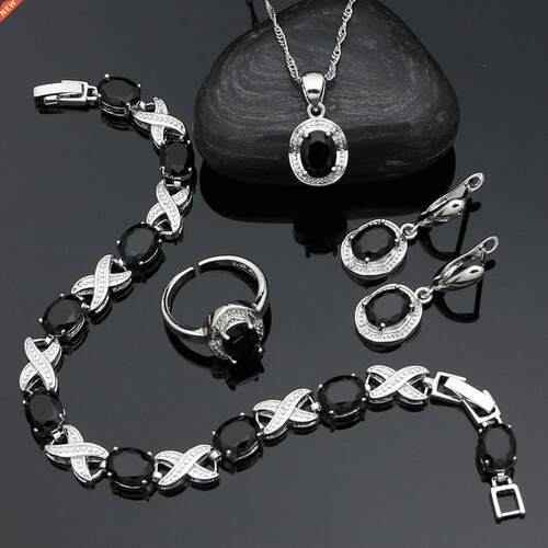 925 Sterling Silver Jewelry Set Black Stone Girl Woman Prom