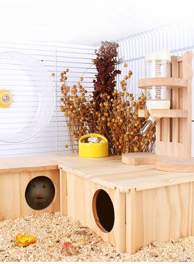 Hamster House with 2 Chambers Pet Wooden Hideout Nesting Hab