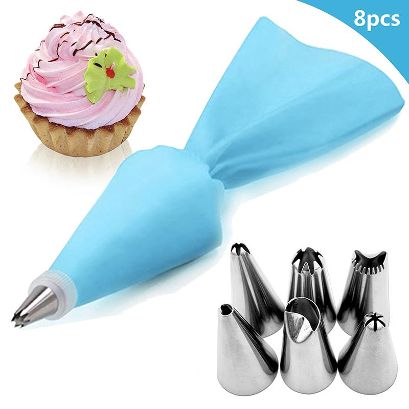 8pcs/bag Silicone Icing Piping Cream Pastry Bag + 6 Stainles