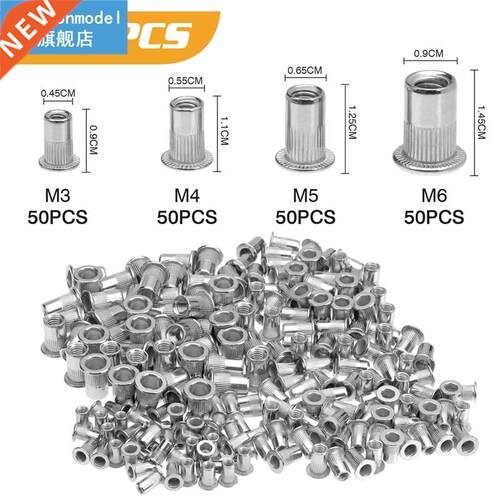 200Pcs Rivet Nut Set 304 Stainless Steel Flat Head Threaded