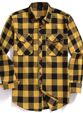 2021 New Men Casual Plaid Flannel Shirt Long-Sleeved Chest T