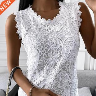 Vintage Lace Jacquard T-Shirt Women Summer Sleeveless Solid