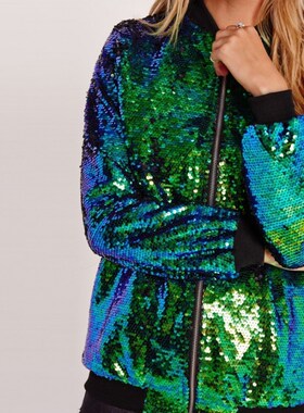 Spring Autumn Women Sequin Coat Green Bomber Jacket Long Sle