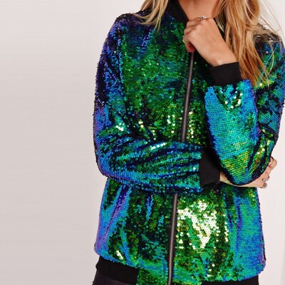 Spring Autumn Women Sequin Coat Green Bomber Jacket Long Sle