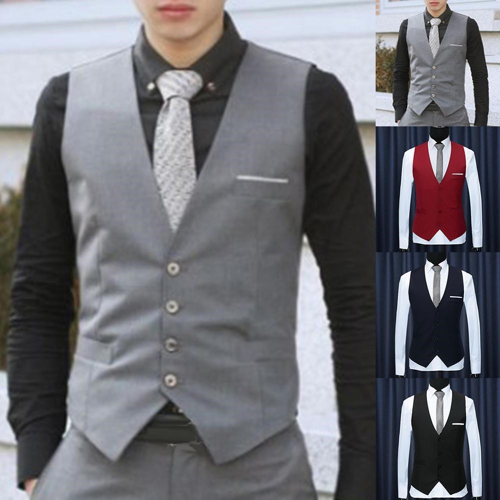 Fashion Men Vests Waistcoat Solid Color V Neck Sleeveless Bu