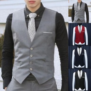Fashion Men Vests Waistcoat Solid Color V Neck Sleeveless Bu