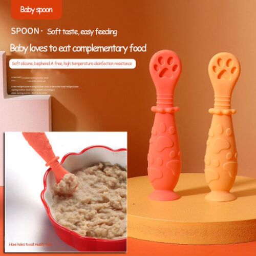 2Pcs/Set Baby Learn Spoon Set Short Easy Spoon Cartoon Silic