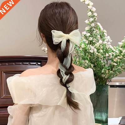 2022 New Organza Pearls Long Ribbon Barrette Bow Hair Clip F