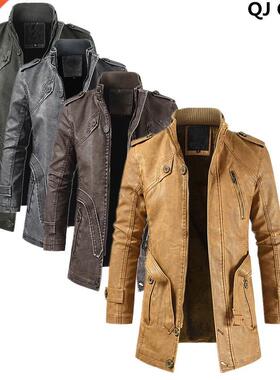 Men Winter Thick Fleece Leather Jacket Coat Long Outwear Fas