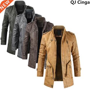 Men Winter Thick Fleece Leather Jacket Coat Long Outwear Fas