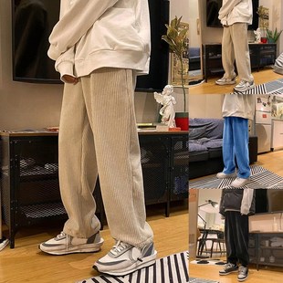 Man Casual Tie Leg Straight Pants Woman Corduroy Solid Color