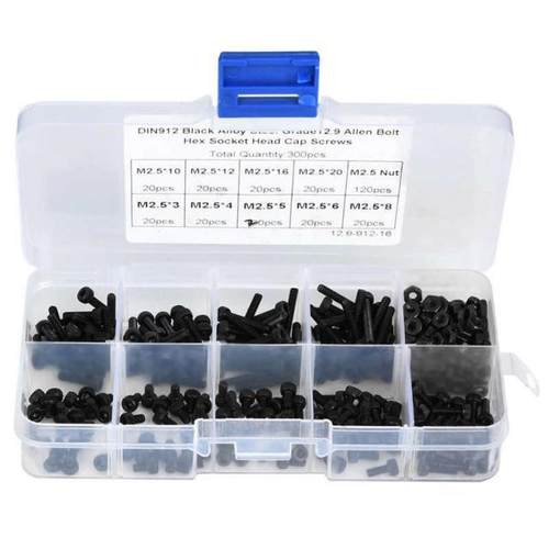 300pcs M2.5 x 3-20mm 12.9 Grade Black Alloy Steel Hex Socket