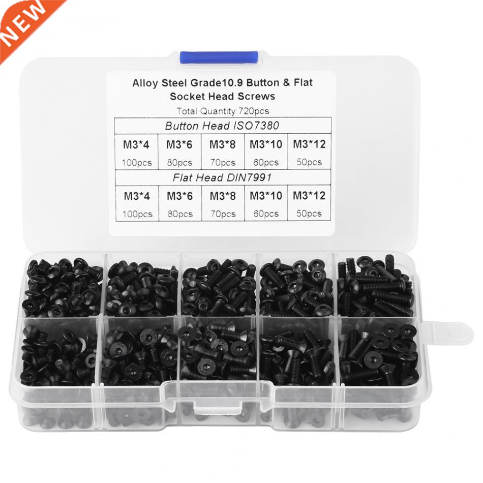 720pcs M3*4 6 8 10 12 Black Alloy Steel Flat Head Hex Socket