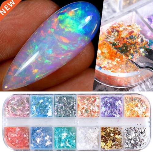 12 Color Fire Opal Nail Powder Flakes Aurora Glitter Sequins