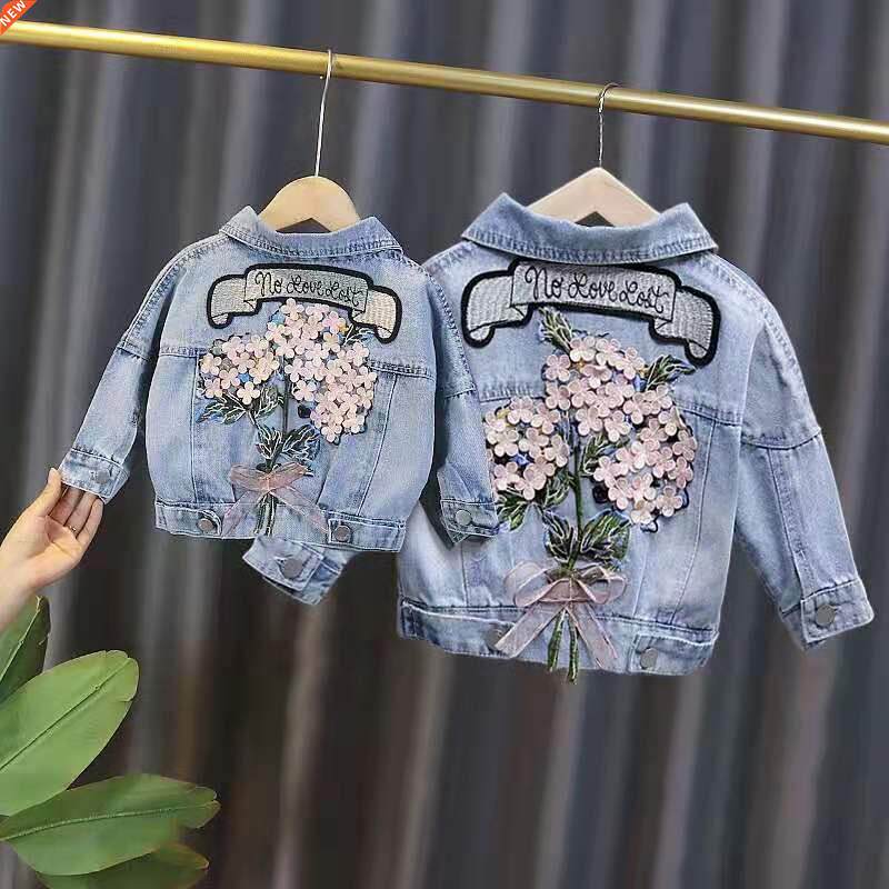 Spring Autumn Kids Denim Jackets for Girls Baby Flower Embro图片