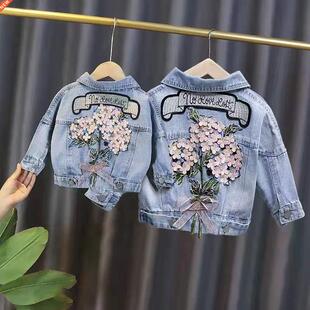 Spring Autumn Kids Denim Jackets for Girls Baby Flower Embro