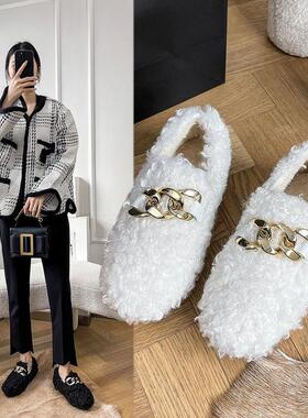 Chain Lambswool Flats Moccasins Femme Slip on Plush Winter L
