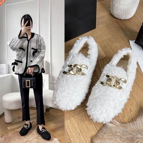 Chain Lambswool Flats Moccasins Femme Slip on Plush Winter L