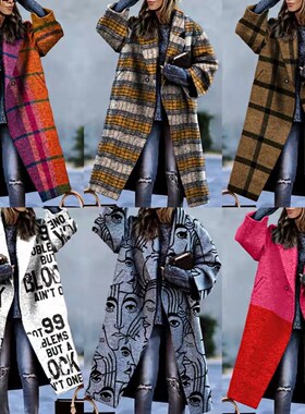 Women 2021 Fashion Plaid Coat Vintage Long Sleeve Abstract