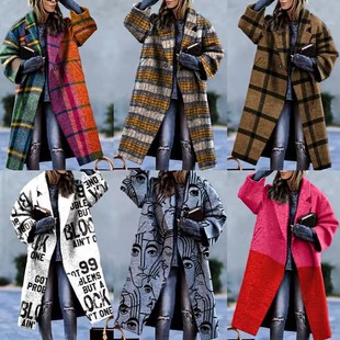 Women 2021 Fashion Plaid Coat Vintage Long Sleeve Abstract