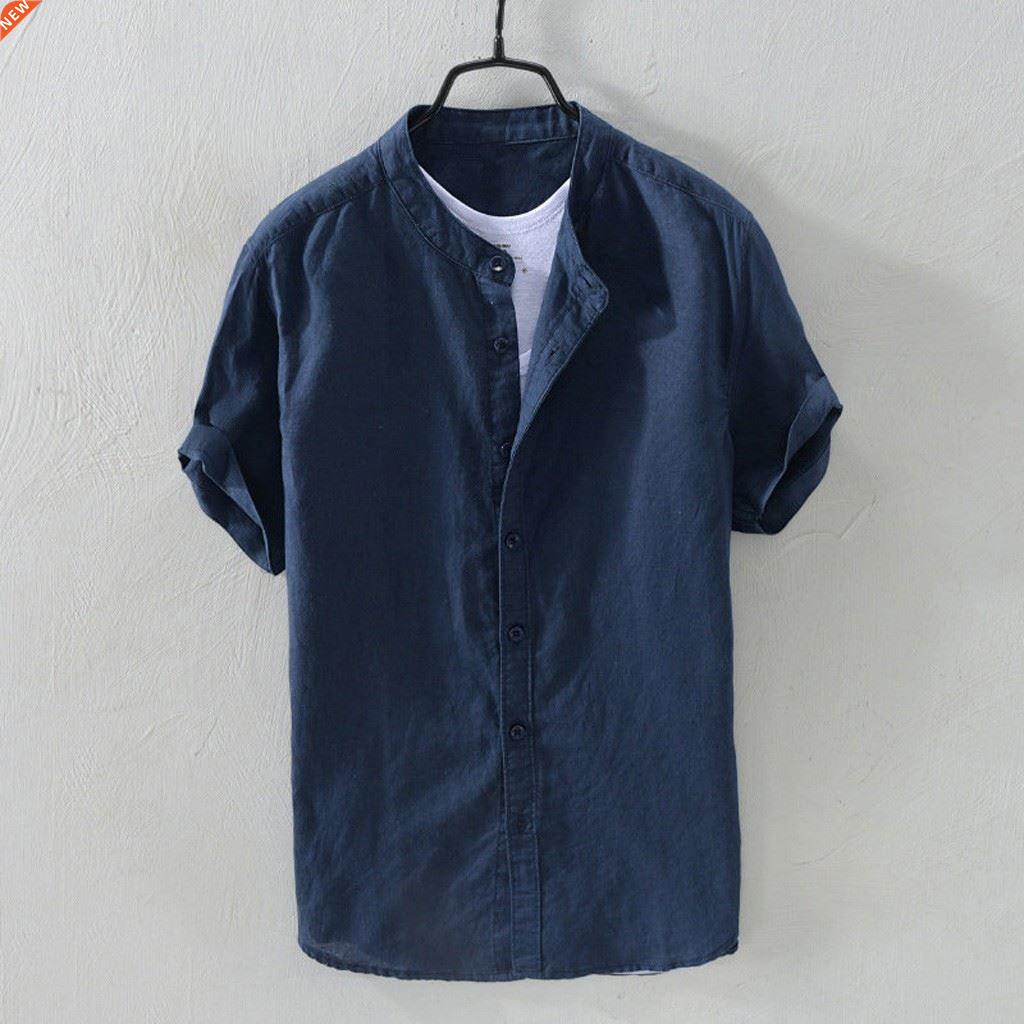 Shirt Men's Baggy Cotton Linen Pocket Shirts Solid C