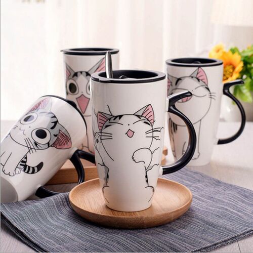 Cute Cat Ceramics Coffee Mug With Lid Large Capacity 600ml A
