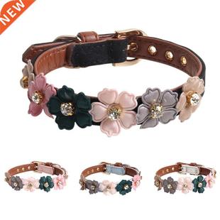 Dog Flower Collar Cute Shiny Diamonds Leather Dogs Necklaces