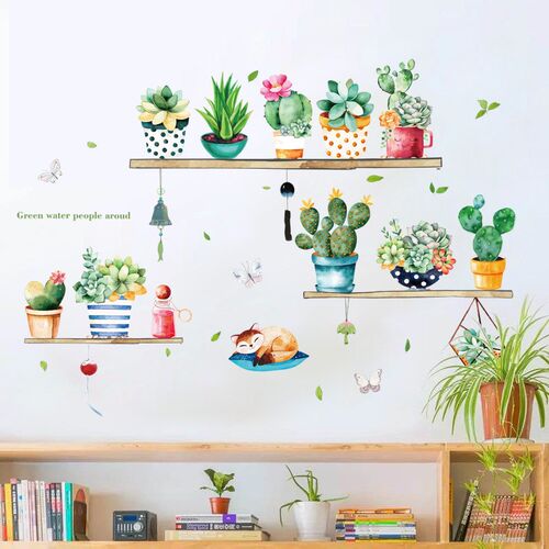1pc Potted cactus Wall Sticker bedroom living room TV sofa b