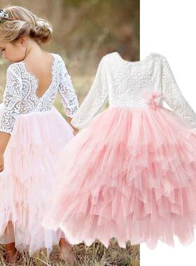 Girls Spring Lace Embroidery Princess Dress Kids Flower Fluf