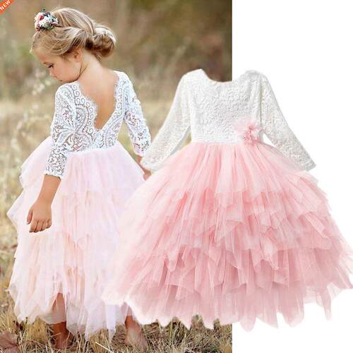 Girls Spring Lace Embroidery Princess Dress Kids Flower Fluf