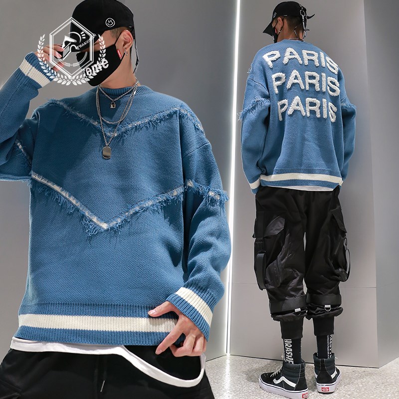 Men Loose Knitwear Fashion Paris Embroidery Hip Hop NEW Swea