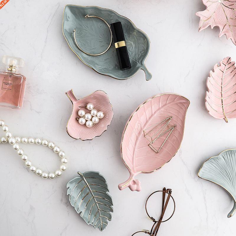 New Ceramic Platter Storage Tray with Gold Inlay Green Leaf