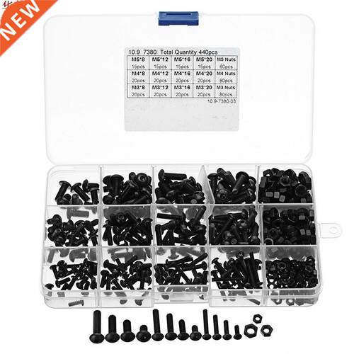 440Pcs M3/M4/M5 Carbon Steel Hex Socket Button Head Screw N