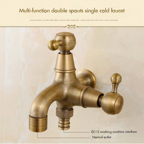 Antique Brass Double Spouts Laundry Bathroom Wall Mount Was