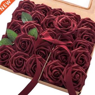 Artificial Flowers 25Pcs Real Looking Burgundy Fake Roses wi