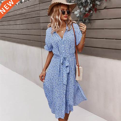 2022 Women Floral Dress Summer Casual Short Sleeve Button Ho