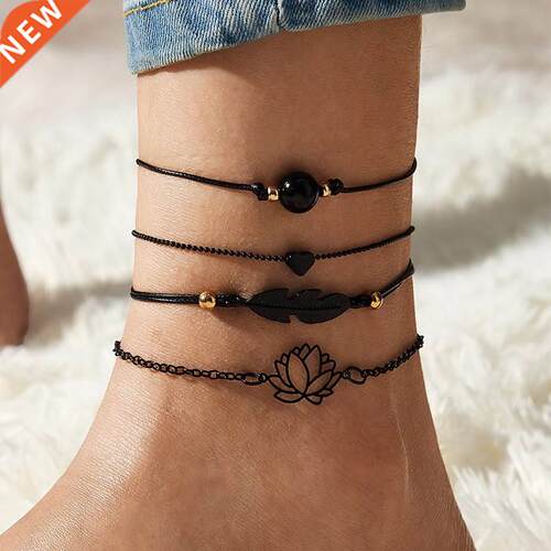 4pcs New Black Feather Lotus Anklets For Women Fashion Heart