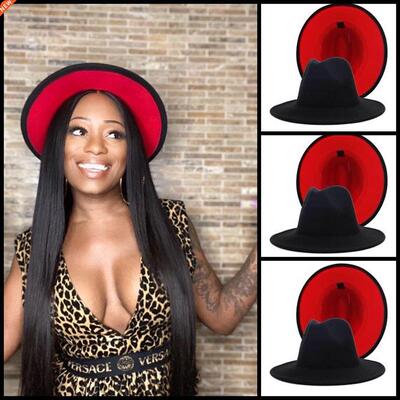 New Unisex Black Red Patchwork Wool Felt Fedora Cap Men Wome