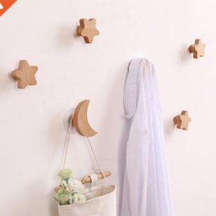 1PC Room Decorative Hooks Wood Wall Hooks Star Moon Shape Ke