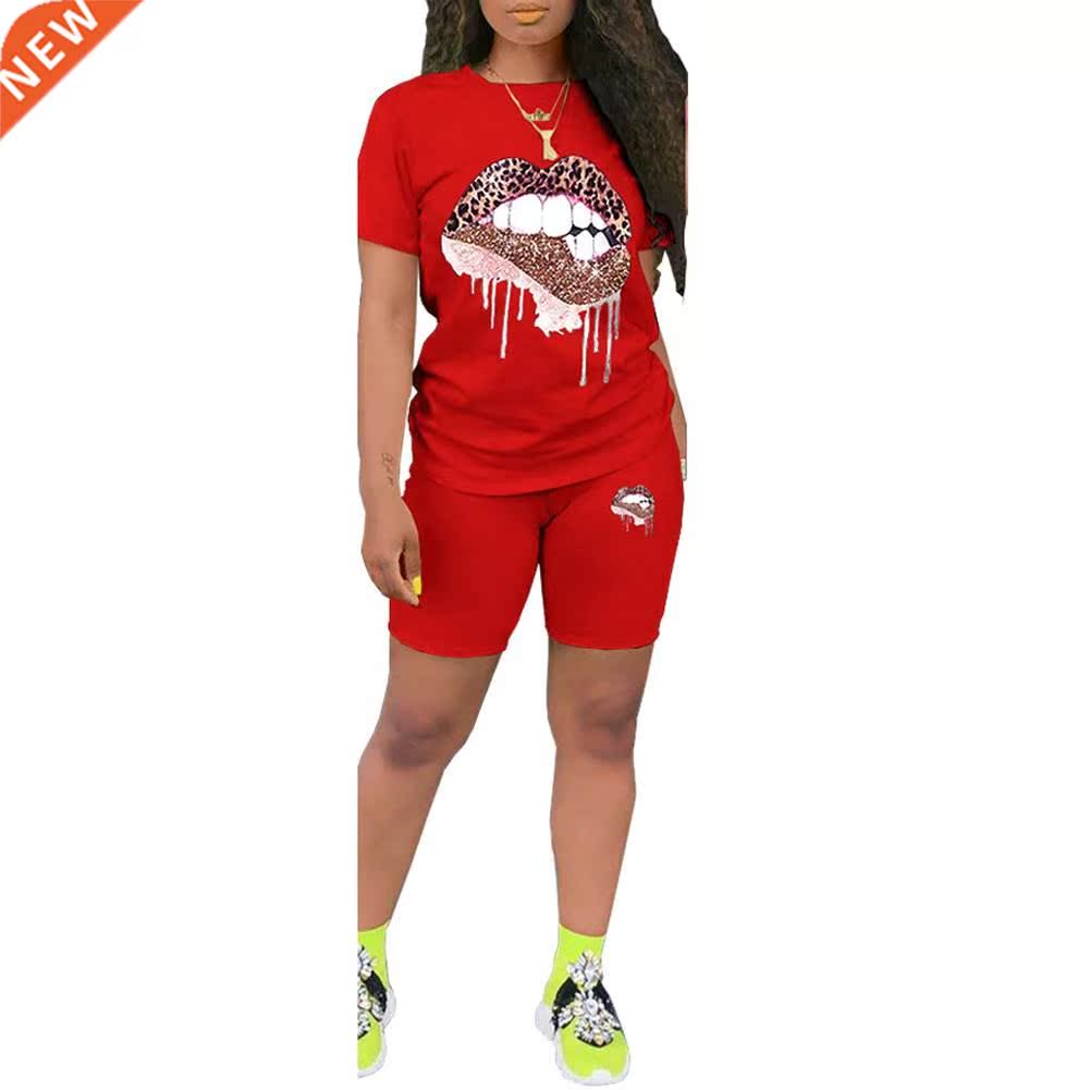 Women Short Sleeve Lips Printed T-shirt Top Elastic Waist Sh