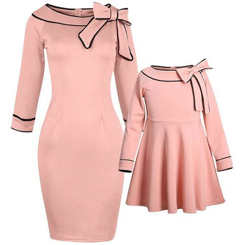 2021 Mother And Daughter Bow Pink Dress Family Matching Outf