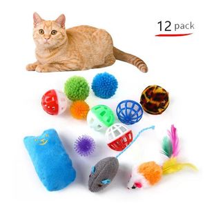 12pcs Funny Cat Bell Ball Toys Set Creative Plush Balls Feat