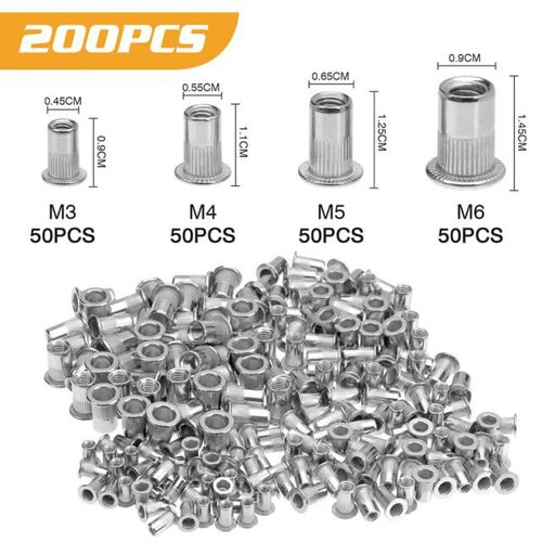200Pcs Rivet Nut Set 304 Stainless Steel Flat Head Threaded