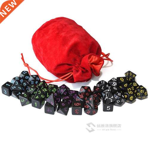 Opaque lack Polyhedral Dice 6 and Drawstring Velvet Pouch