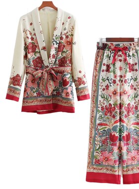 2 piece set women Suit female  retro style flower pattern Eu