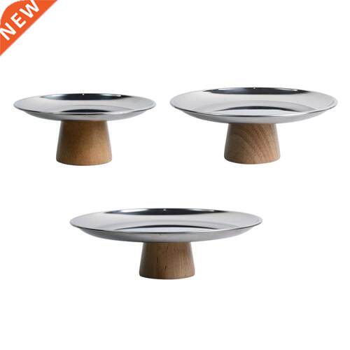 Stainless Steel Round Storage Tray with Solid Wood Base Desk