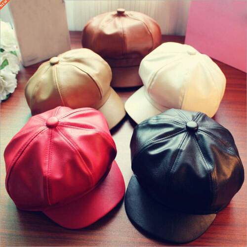 Women Leather Beret with Brim Octagonal Beret Cap Hat Gatsby