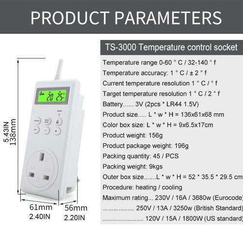 2021 New TS-3000 Programmable Wireless;Thermostat Socket LCD
